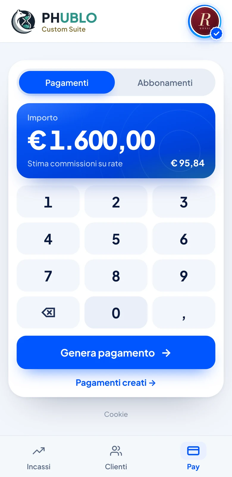 Schermata originale dell’app Phublo con importo e pulsante Genera pagamento