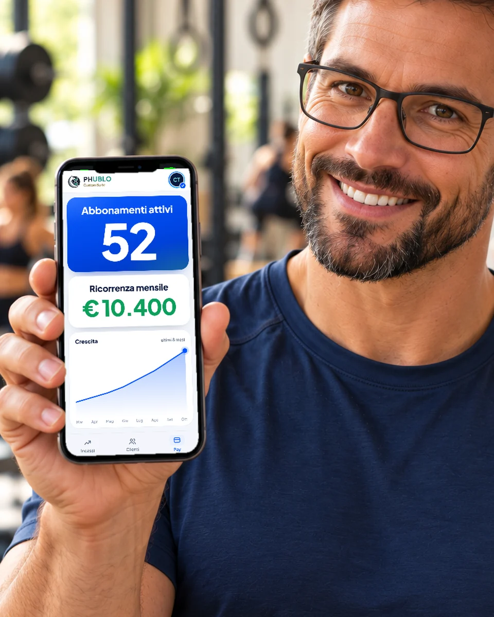 Coach di una palestra mostra l’app Phublo con 52 abbonamenti attivi e 10.400 euro di ricorrenza mensile