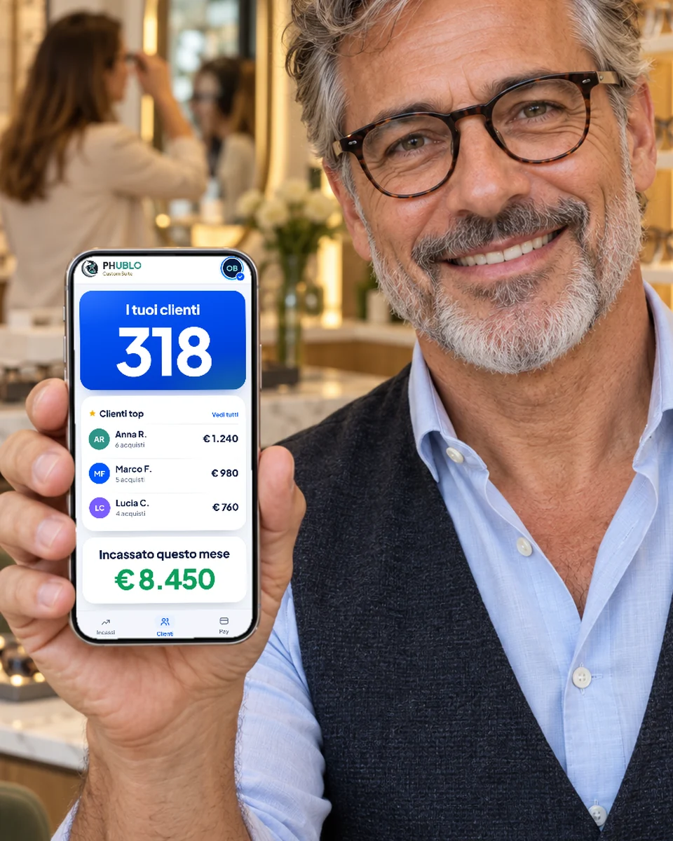 Titolare di un negozio di ottica mostra l’app Phublo con 318 clienti, i clienti top e 8.450 euro incassati nel mese