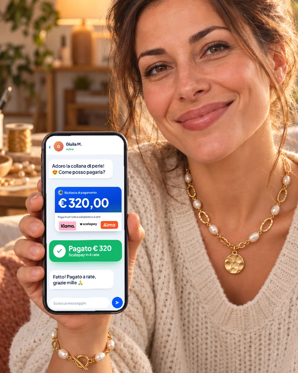 Artigiana di gioielli mostra lo smartphone con la chat di una cliente e il pagamento di 320 euro riuscito con Scalapay in 4 rate