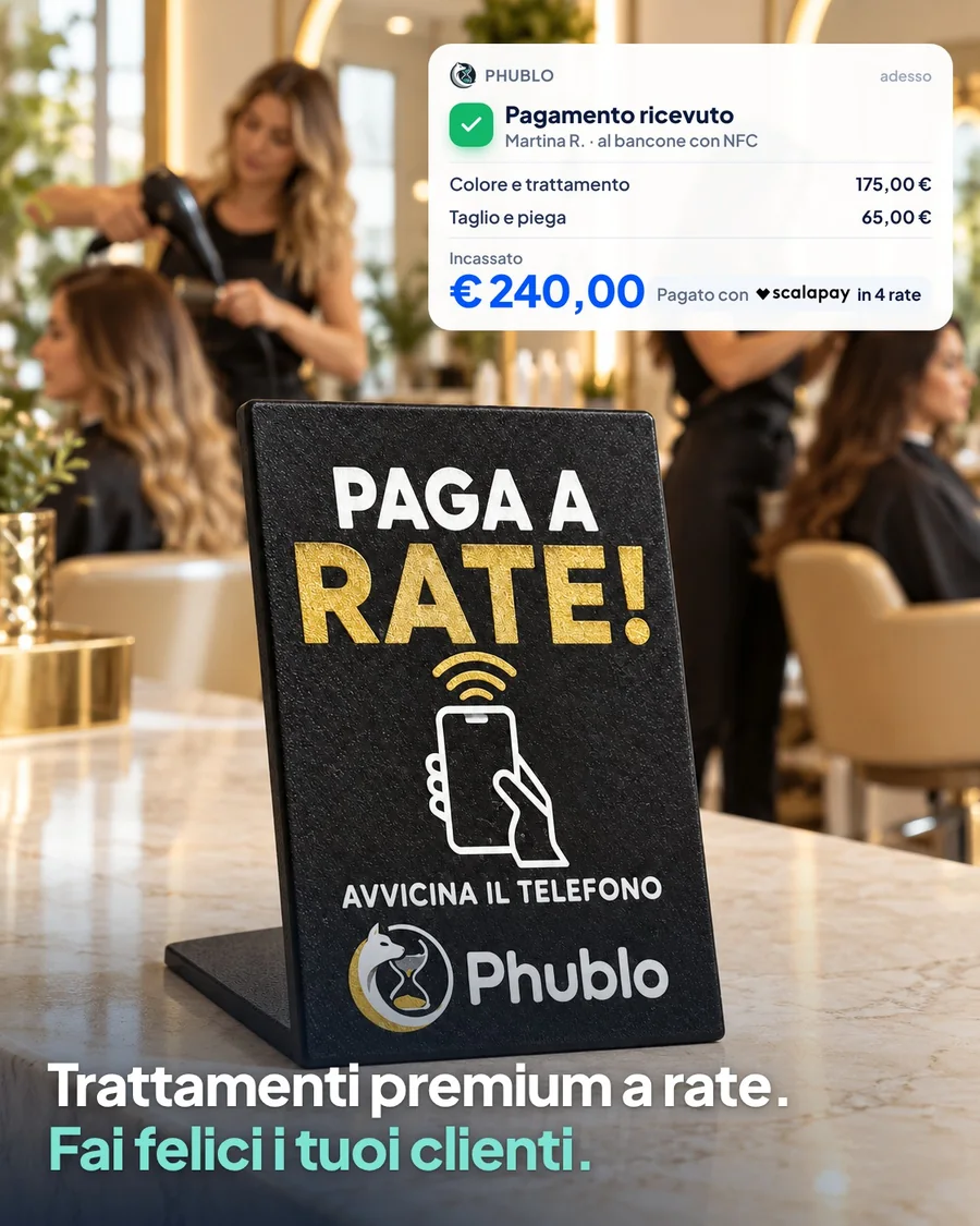 Salone di bellezza con l’espositore NFC Phublo sul bancone