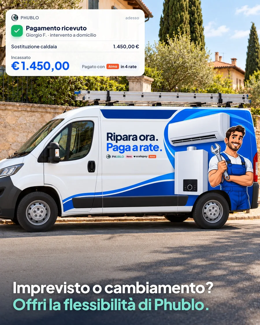 Furgone di un installatore con la scritta Paga a rate