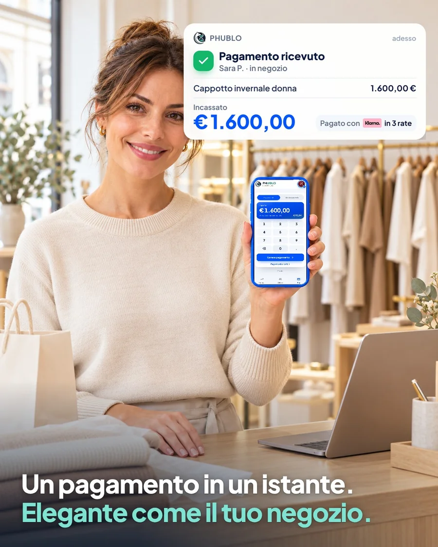 Commessa di una boutique con la dashboard Phublo e una notifica di pagamento ricevuto