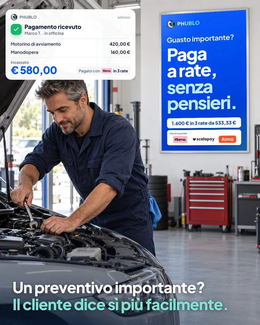 Meccanico al lavoro con un cartello Paga a rate alle spalle