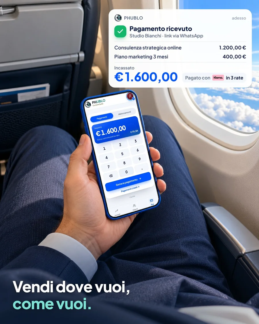 Professionista in aereo che incassa una consulenza online