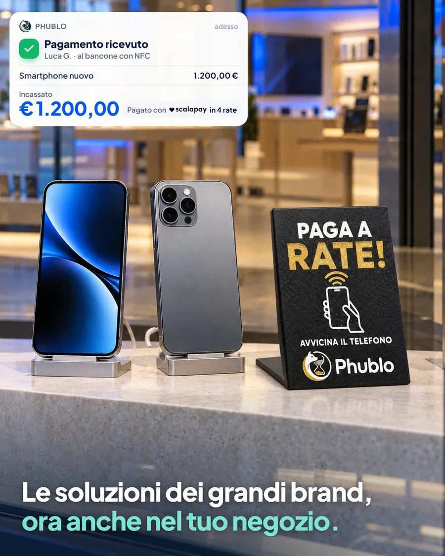 Smartphone in vetrina con l’espositore NFC Phublo