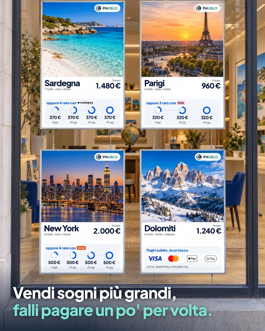 Vetrina di agenzia viaggi con offerte a rate